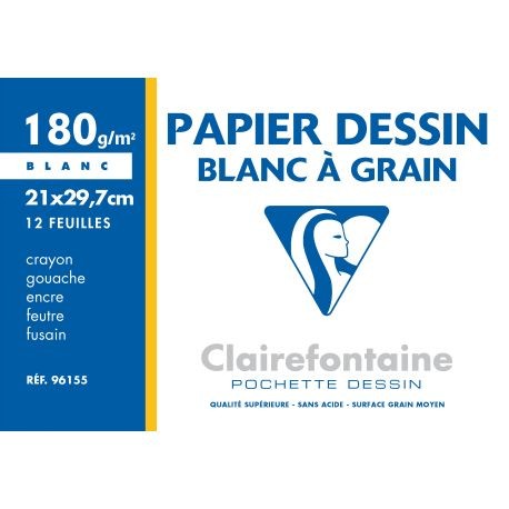 Pochette dessin à grain BLANC 12 feuilles 180g/m² 21x29,7  A4 - Envelope grained drawing paper A4