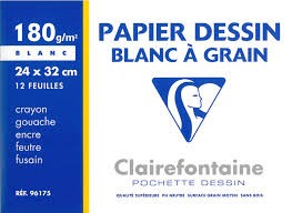 Pochette papier dessin a grain , blanc, 24X32 180g/m2  12 FEUILLES - GRAINED DRAWING PAPER