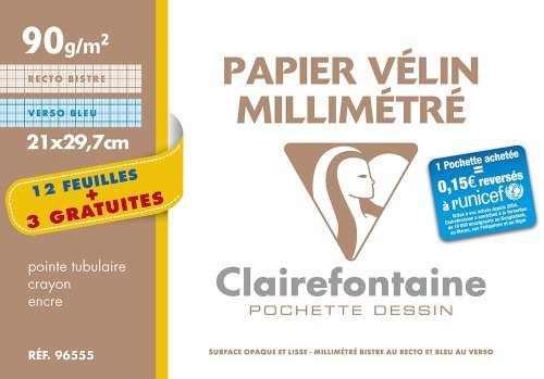Pochette papier millimetre VELIN A4 - 12 feuilles + 3 GRATUITES 90g/m² - white vellum graph paper